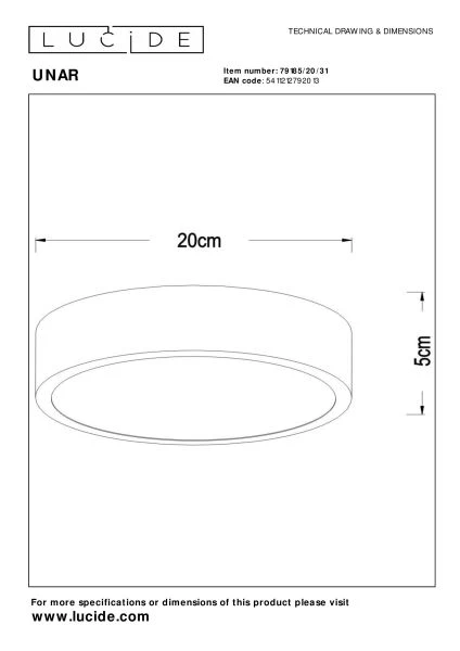 Lucide UNAR - Flush ceiling light - Ø 20 cm - LED Dim. - 1x12W 2700K - 3 StepDim - White - technical